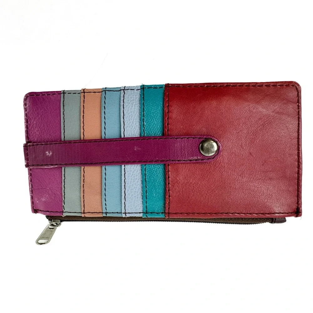 Soruka Recycled Leather Wallet Multicolor Patchwork Slim Card Holder Snap Zip